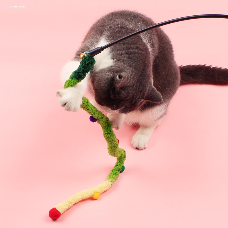 新款加长绒条静音毛毛虫条纹互动自嗨逗猫棒宠物玩具圣诞逗猫杆