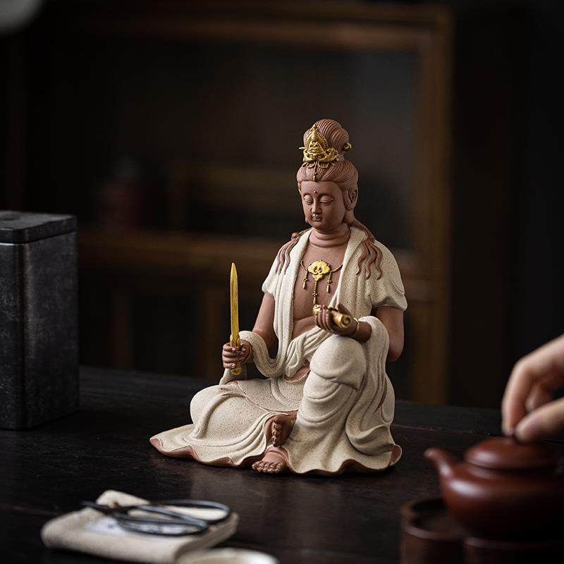 文殊普贤菩萨摆件陶瓷观音佛像家用佛庵供奉禅意中式家居玄关装饰
