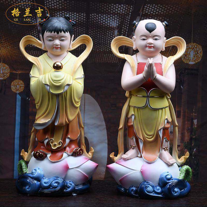 德化善财童子龙女金童玉女陶瓷观音菩萨佛像对童供奉招财摆件
