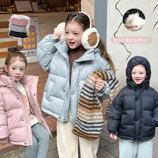 儿童纯色加厚保暖连帽羽绒服女童冬季外套宝宝韩版90白鸭绒面包服