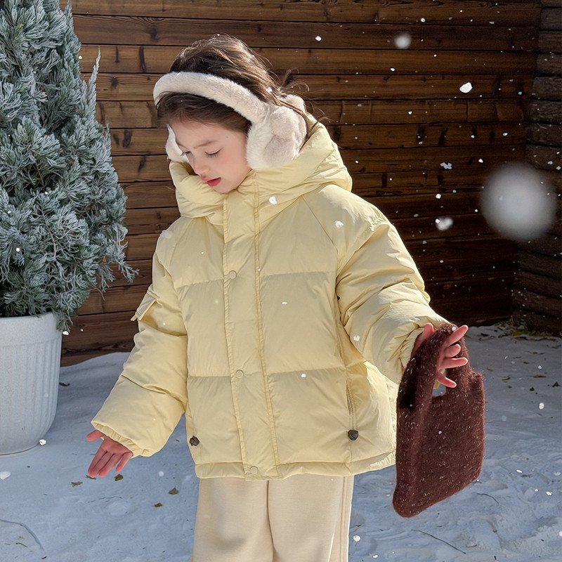 女童羽绒服2025新款连帽加厚保暖90白鸭绒短款儿童男童装冬季外套