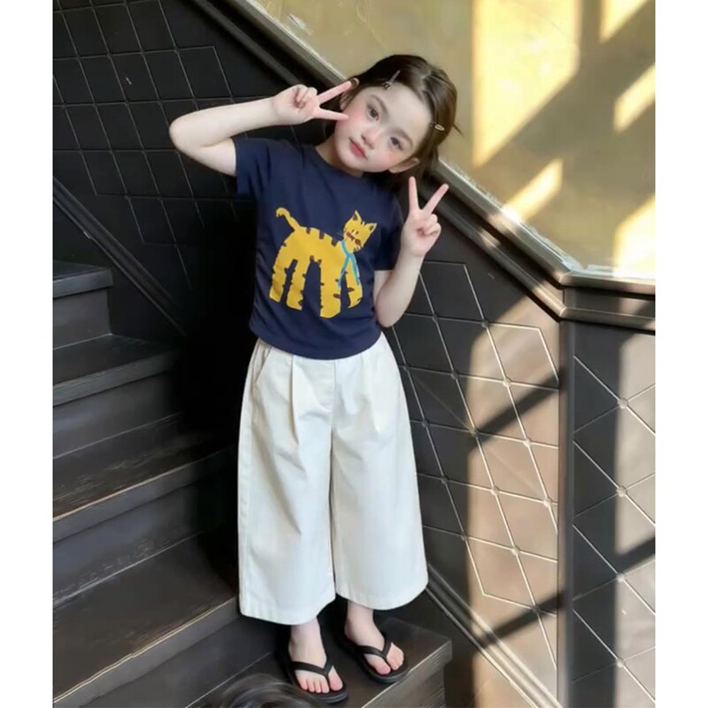 韩版女童夏季薄款棉T恤纯裤套装