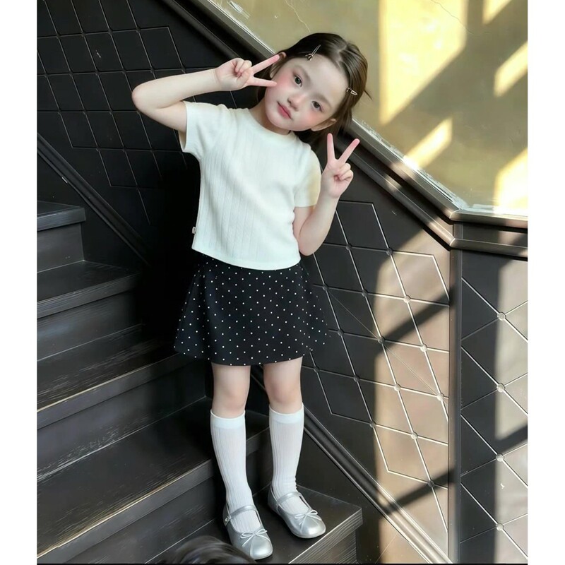 韩系女童夏季针织短袖波点套装