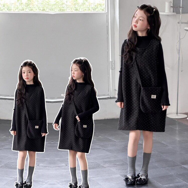 韩系女童秋季波点连衣裙两件套