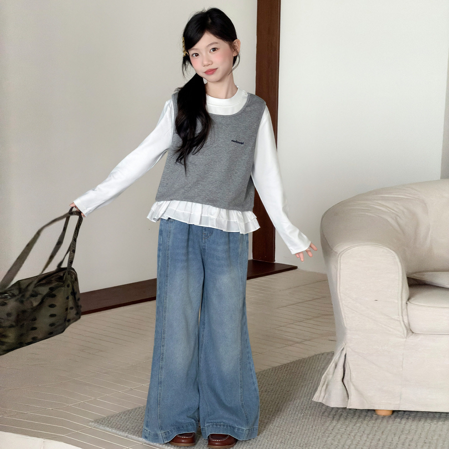 女童秋装假两件打底牛仔套装