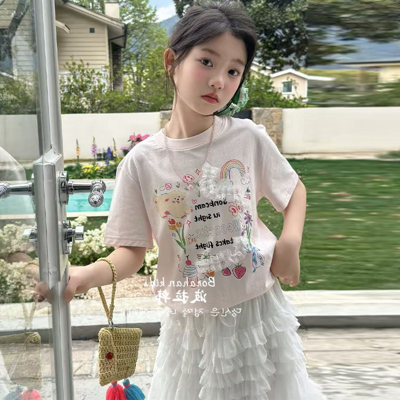 韩国女童夏季蕾丝卡通短袖T恤