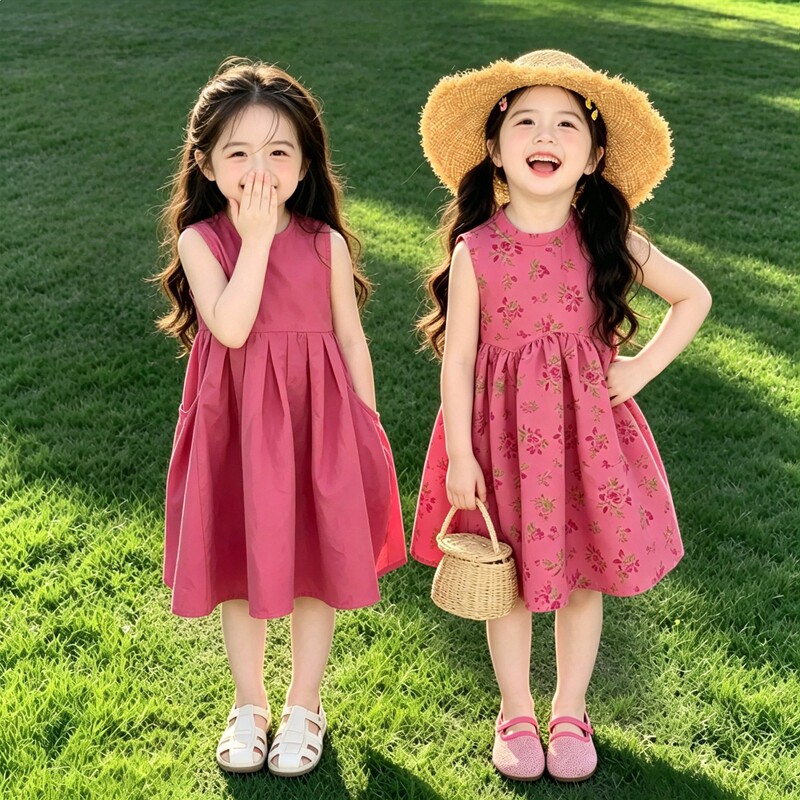 韩版女童夏季粉色碎花连衣裙