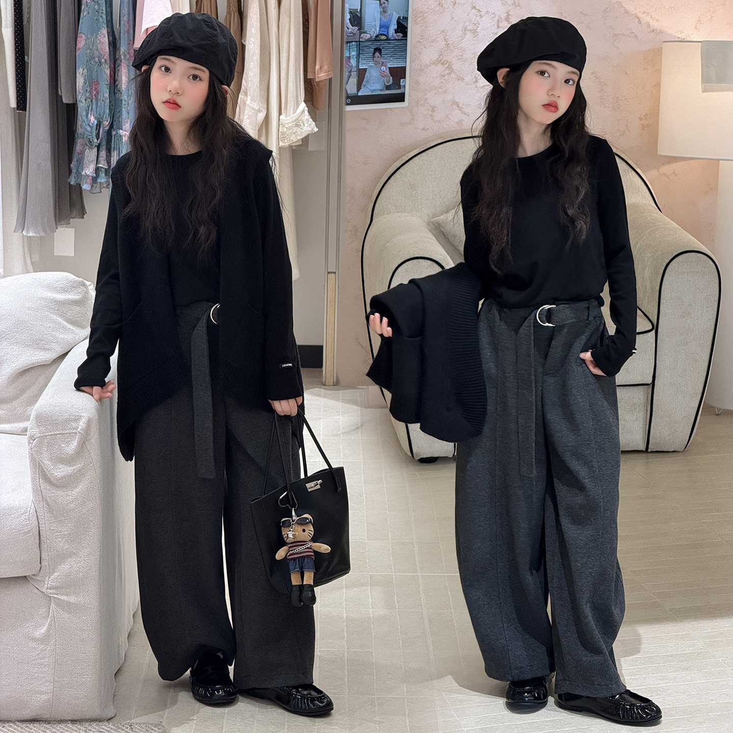 韩系女童秋季毛衣马甲三件套