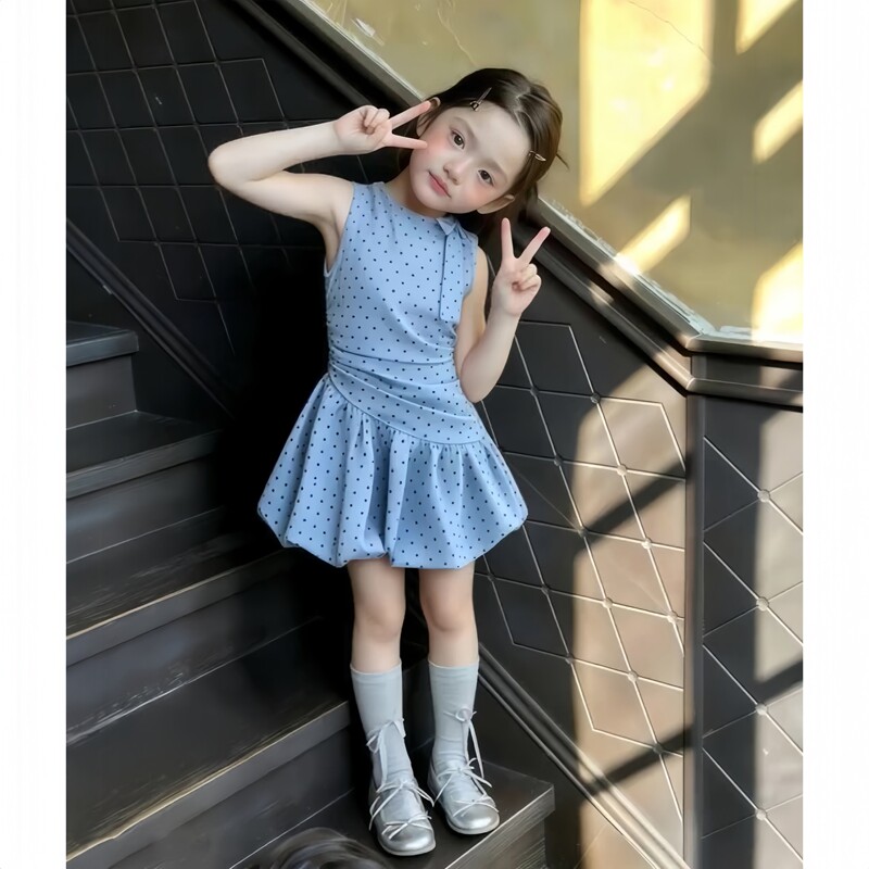 韩版女童夏季蓝色波点连衣裙