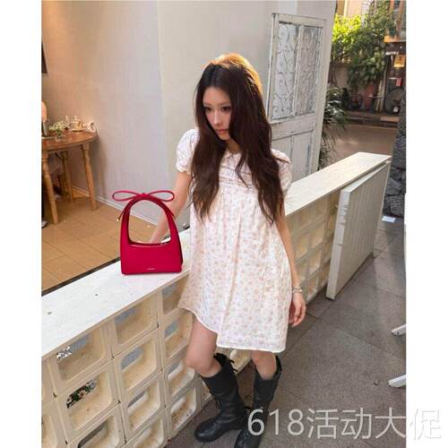 PlaceOrder 复古白色碎花蕾丝拼接娃娃领宽松连衣裙百搭显瘦裙子