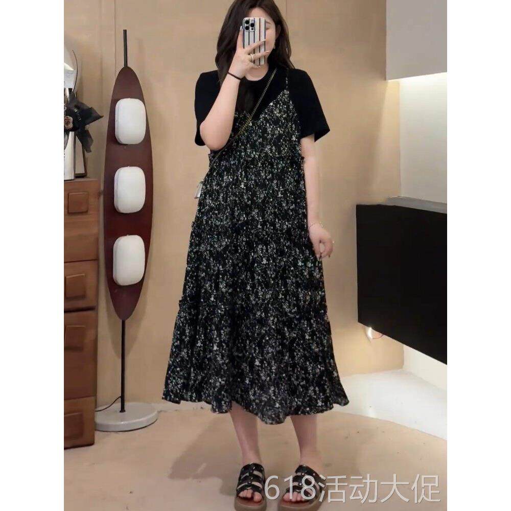 大尺码女装正肩短袖雪纺碎花裙子夏季胖mm宽松显瘦遮肉假两件洋装