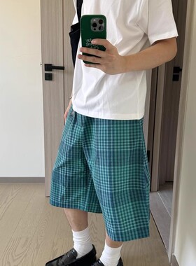 日系复古蓝格子短裤男女夏季薄款宽松直筒潮牌百搭休闲五分中裤子