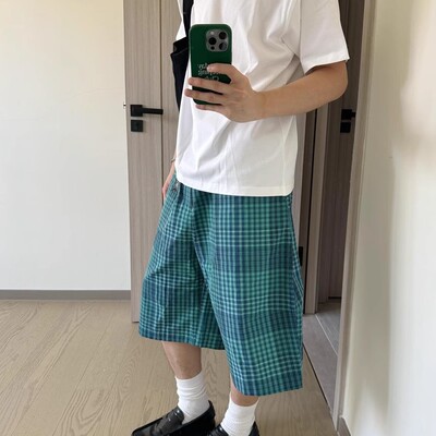 日系复古蓝格子短裤男女夏季薄款
