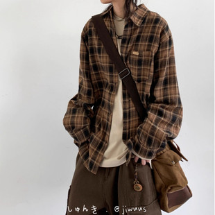衬衣 宽松格纹休闲情侣长袖 日系复古方领千鸟格衬衫 男女春秋基础款