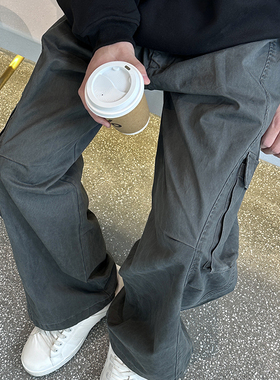 灰色水洗做旧工装裤男女春夏宽松直筒垂感长裤日系慵懒风休闲裤子