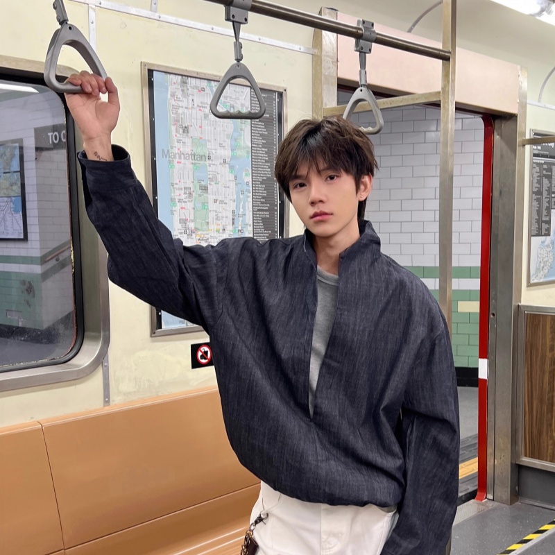 老钱风牛仔假两件V领衬衫