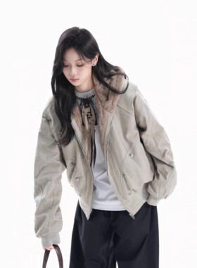 美式保暖加绒连帽棉服外套男女冬复古仿兔毛设计宽松休闲夹克棉衣