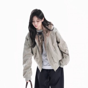保暖加绒连帽棉服外套男女冬复古仿兔毛设计宽松休闲夹克棉衣 美式