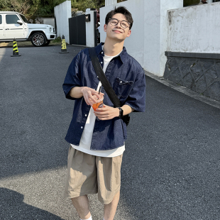 日系复古蓝色口袋牛仔衬衫短袖男女新款夏季百搭宽松休闲衬衣上衣