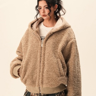 美式 潮牌慵懒风宽松保暖毛毛棉服 加厚羊羔毛连帽棉衣外套男女冬季