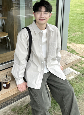 灰色工装翻领长袖衬衫男女春秋2025新款外搭纯色衬衣宽松休闲外套