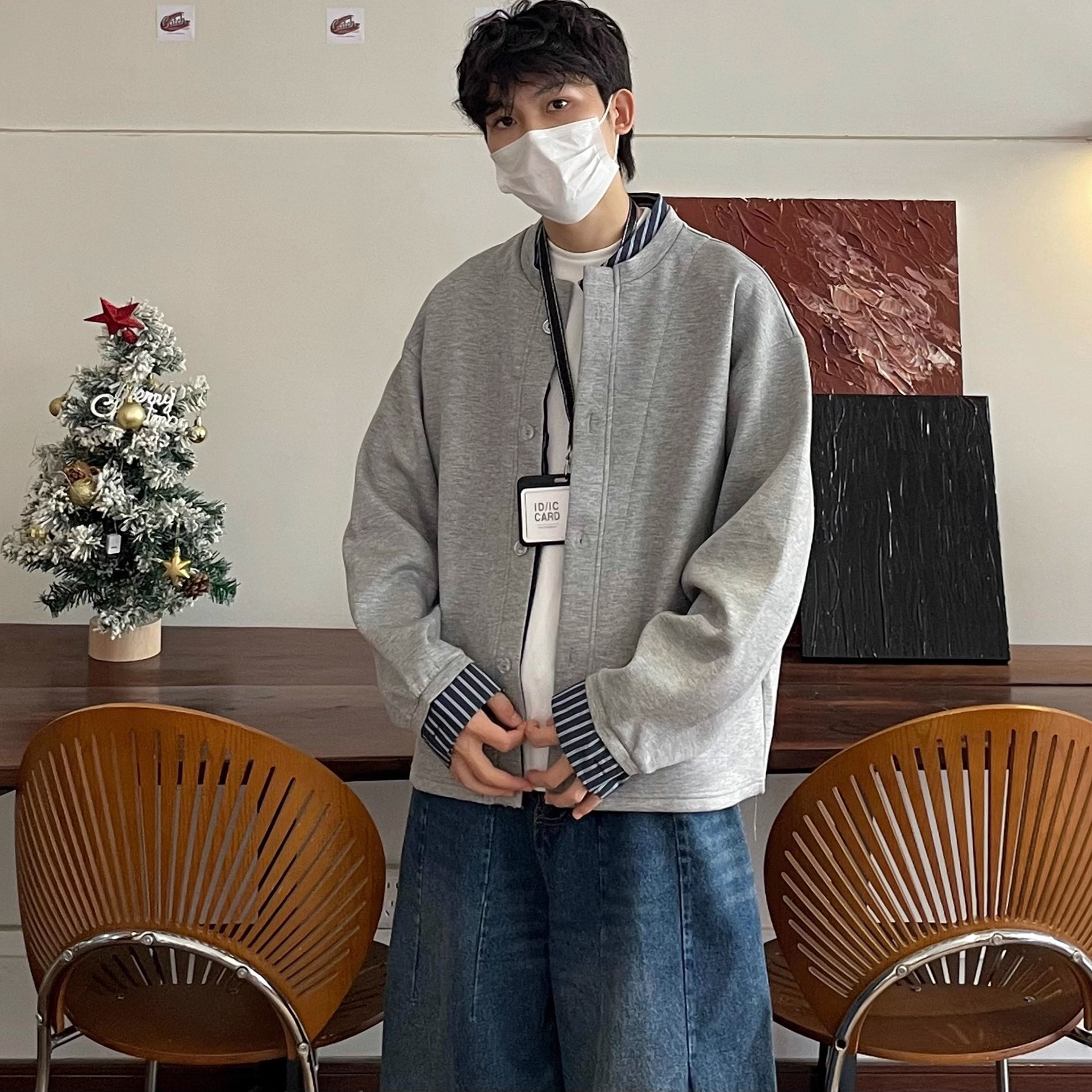 美式灰色复古假两件开衫卫衣