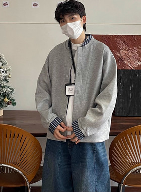 美式灰色复古假两件开衫卫衣男女春秋季拼接条纹衬衫宽松休闲外套