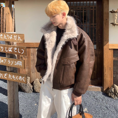 美式复古座山雕PU皮毛一体棉服