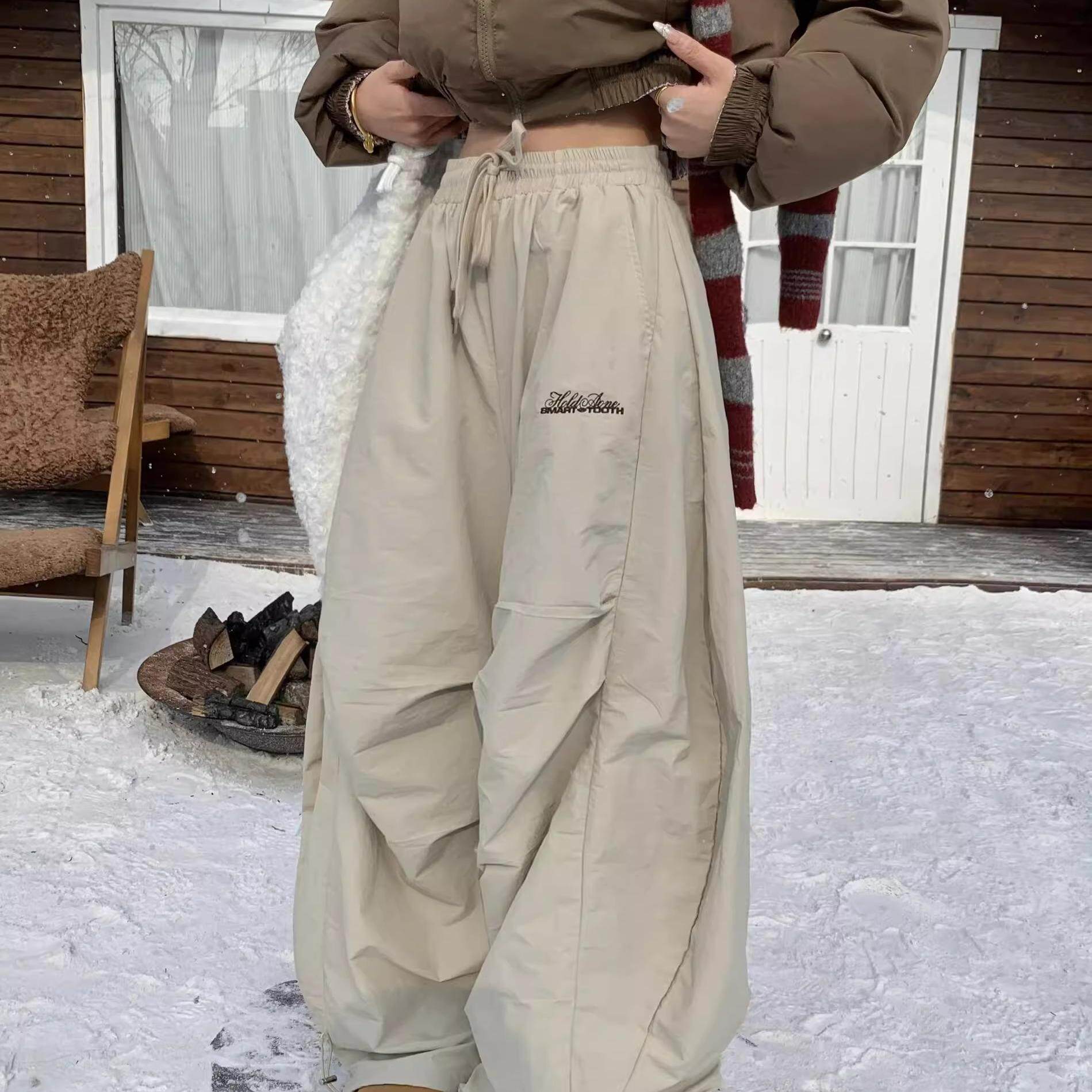 美式高街褶皱加绒工装伞兵裤男女冬抽绳宽松休闲阔腿拖地弯刀长裤,男装,棉裤,淘宝优惠券,粉丝福利购,淘宝优惠卷