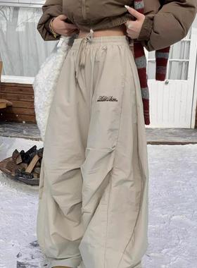 美式高街褶皱加绒工装伞兵裤男女冬抽绳宽松休闲阔腿拖地弯刀长裤