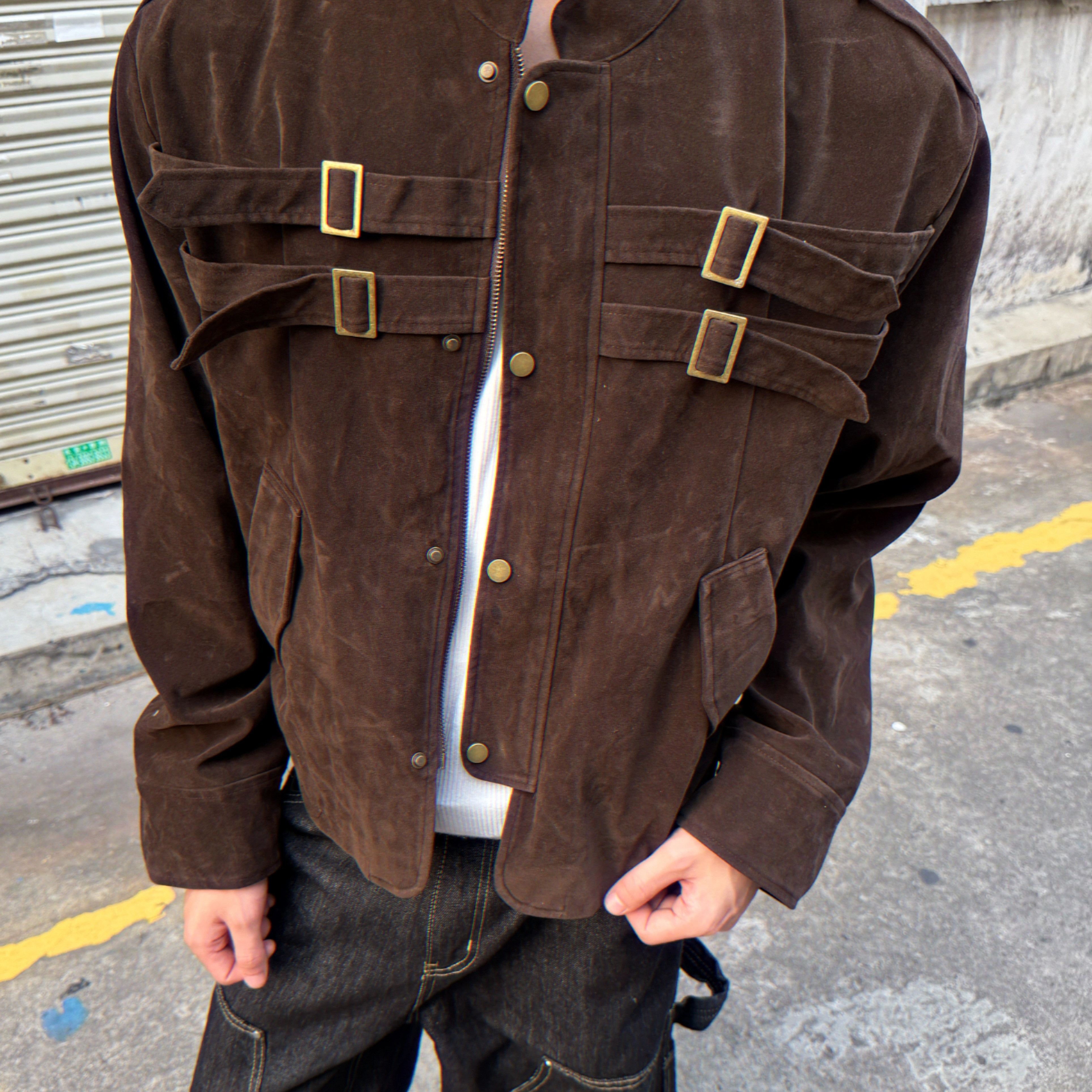 美式复古棕色正肩麂皮外套