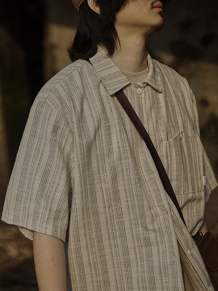 翻领短袖少年感亚麻条纹衬衫