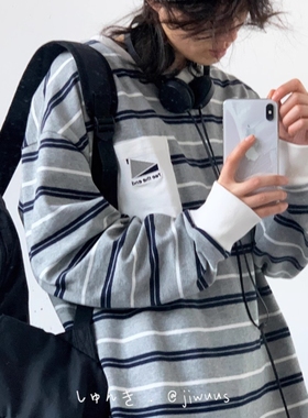 日系复古圆领条纹T恤男女春秋撞色宽松小清新长袖海魂衫情侣上衣