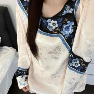 新中式国风睡衣冰丝宫廷新款古装宽松清汉覆古大码长裤家居服套装