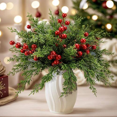 15pcs Artificial Pine Branches with Red Berries Christmas Gr