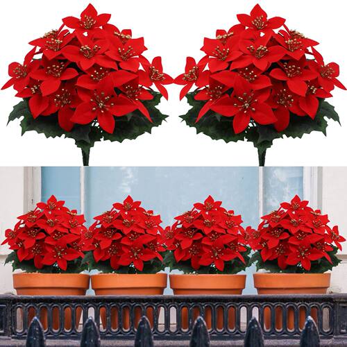 5 Head Artificial Poinsettia Flowers Christmas Bouquet Winte