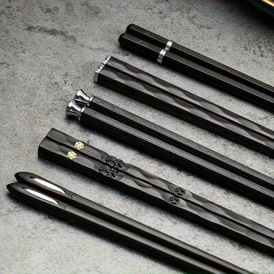 Home Kitchen Black Alloy Chopsticks 5-Piece Reusable Dining