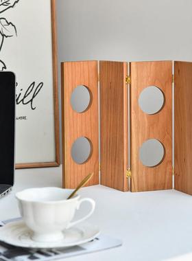 桌面实木小屏风摆件可折叠移动樱桃木摆台小众艺术新中式家居装饰