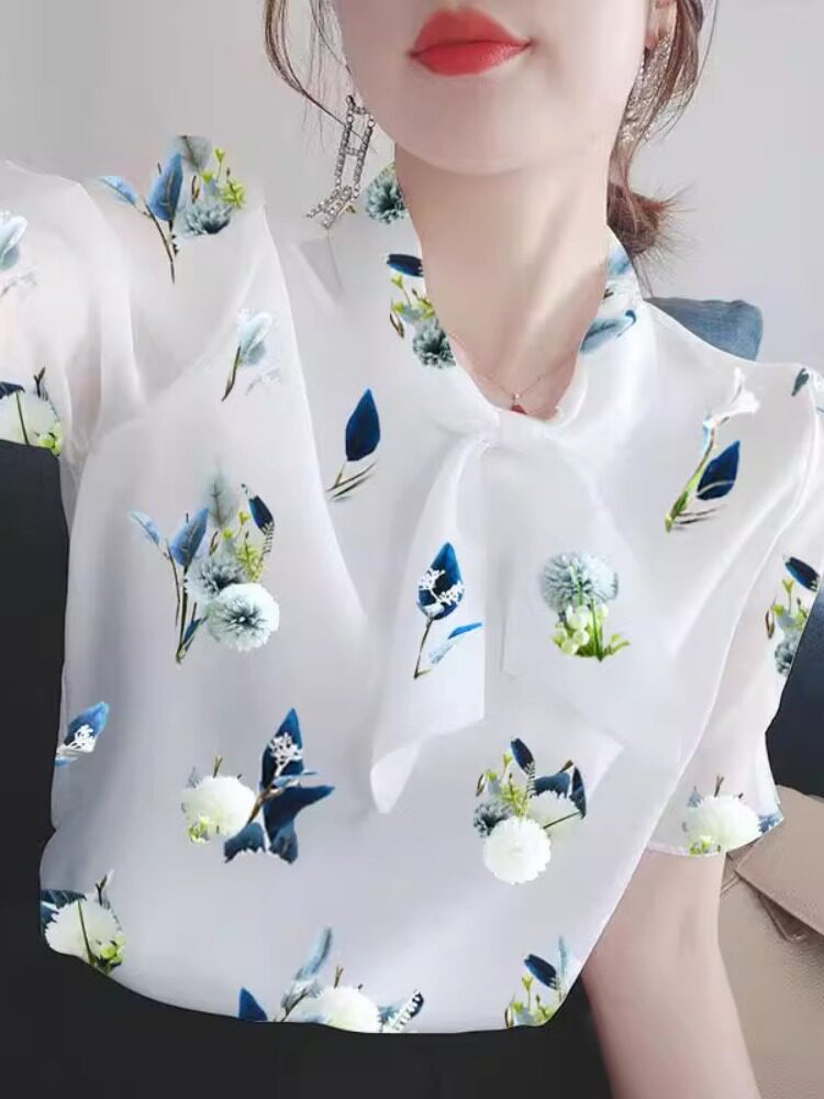 SUPER FAIRY TOP FRENCH STYLE SPRING LOOSE SHORT SLEEVE SUMMER SCARF COLLAR CHIFFON SHORT SLEEVE CHIFFON SHIRT LACING TEXTURE