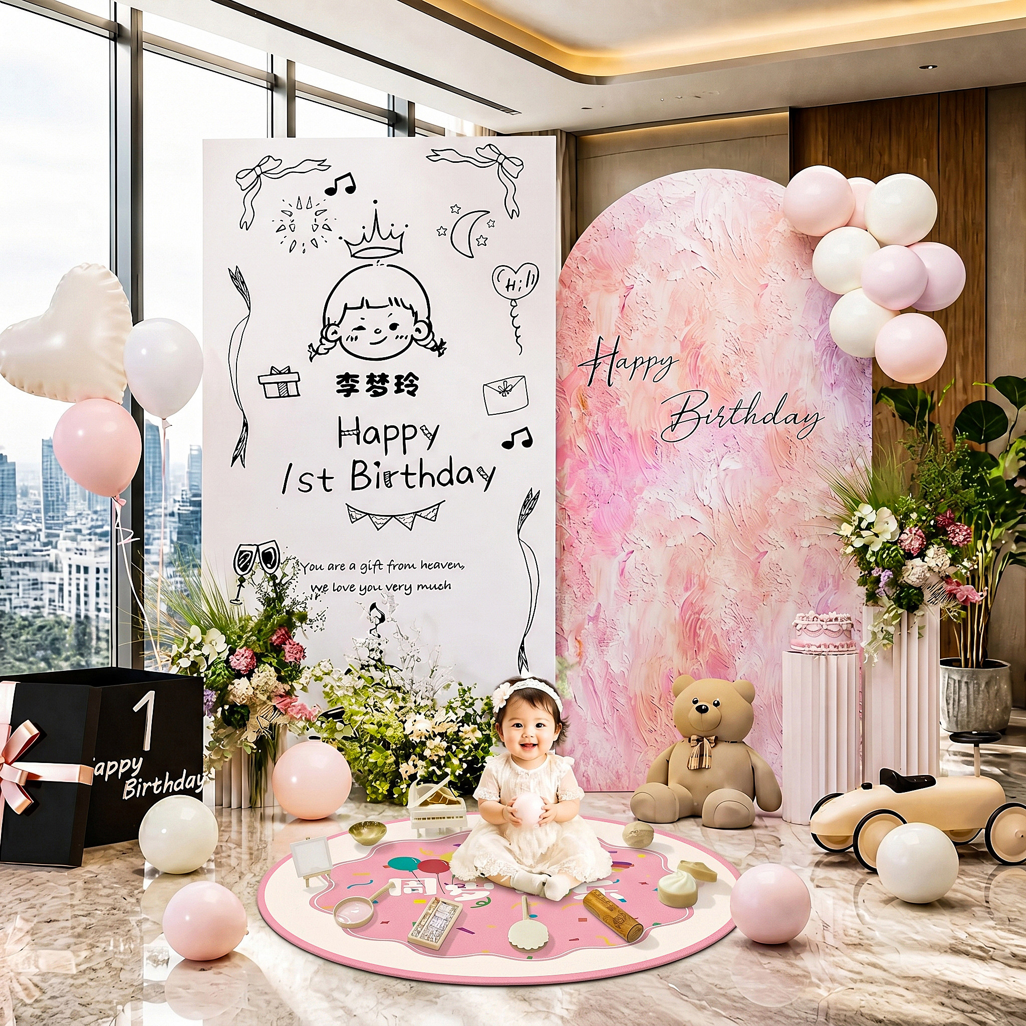 韩系周岁生日布置装饰背景墙场景氛围感kt板女孩抓周宴宝宝一岁