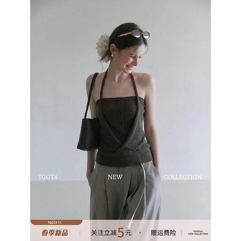 TGGTA咖色挂颈吊带背心女夏季2026新款外穿修身美背抹胸无袖上衣