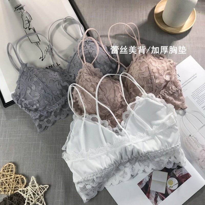 蕾丝美背吊带网红爆款性感文胸交叉带小胸少女白色内衣夏聚拢胸垫