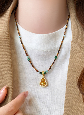 天然切面虎眼石沙金葫芦吊坠项链女配饰秋冬毛衣链轻奢高级感饰品