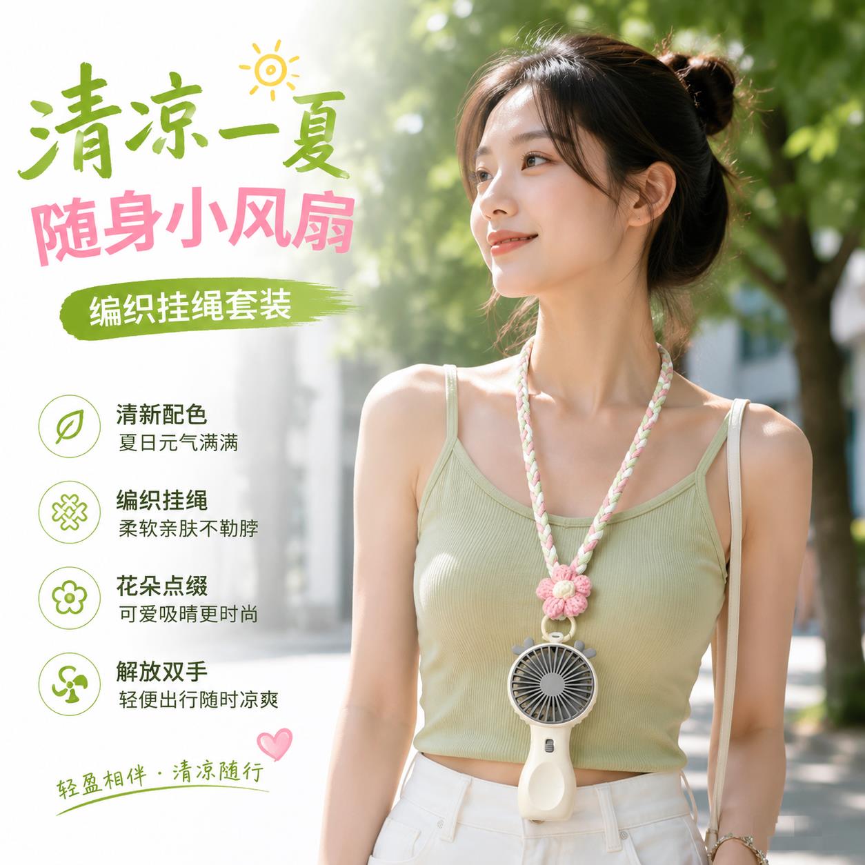 小风扇挂颈绳子夏季学生手机挂绳女精致高级感结实耐磨编织防丢绳