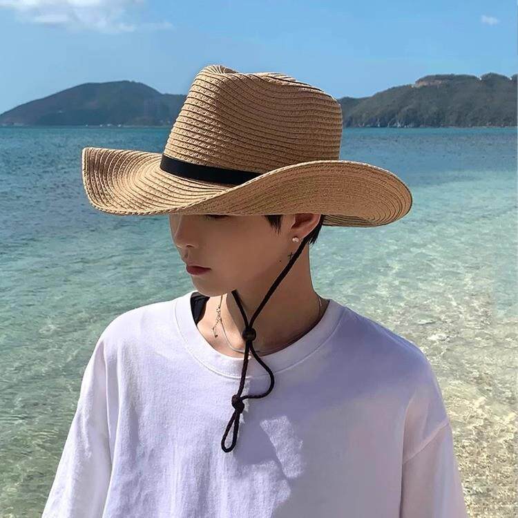 草帽男夏季遮脸沙滩帽男款防晒凉帽登山遮阳帽男士旅游太阳帽工地