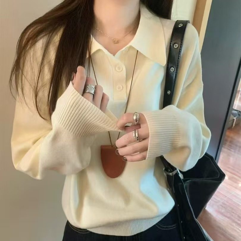 秋冬韩版polo领纽扣设计宽松百搭包芯纱针织衫打底毛衣,女装/女士精品,毛针织衫,淘宝优惠券,粉丝福利购,淘宝优惠卷