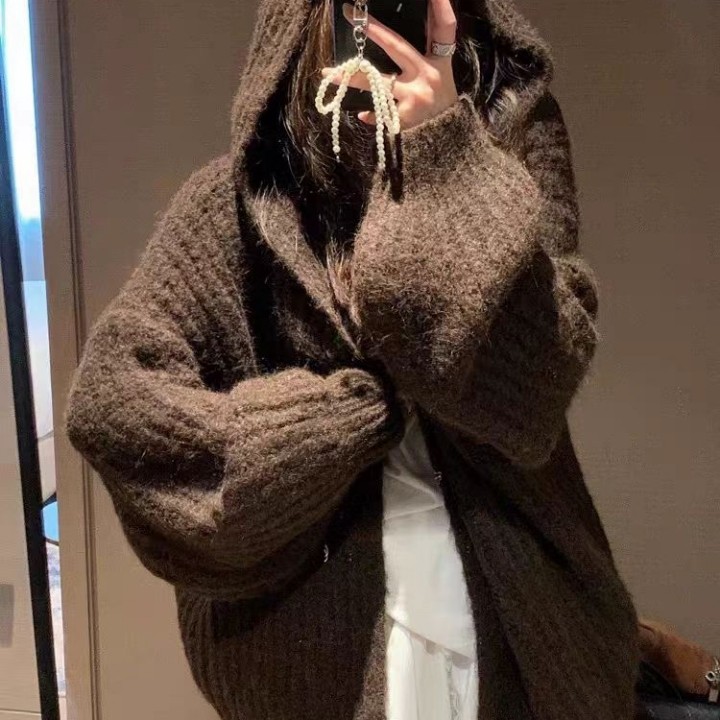 奶fufu灯笼袖连帽毛衣外套女2024冬新款宽松显瘦慵懒加厚针织开衫,女装/女士精品,毛衣,淘宝优惠券,粉丝福利购,淘宝优惠卷