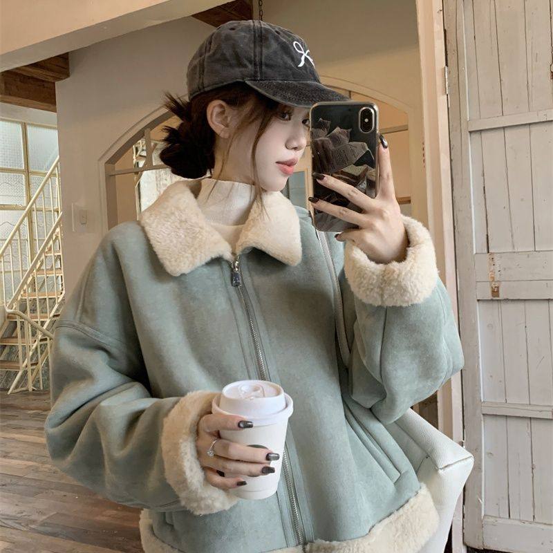 490克鹿皮绒复合羊驼绒 新年短外套女羊驼绒加厚冬保暖甜美