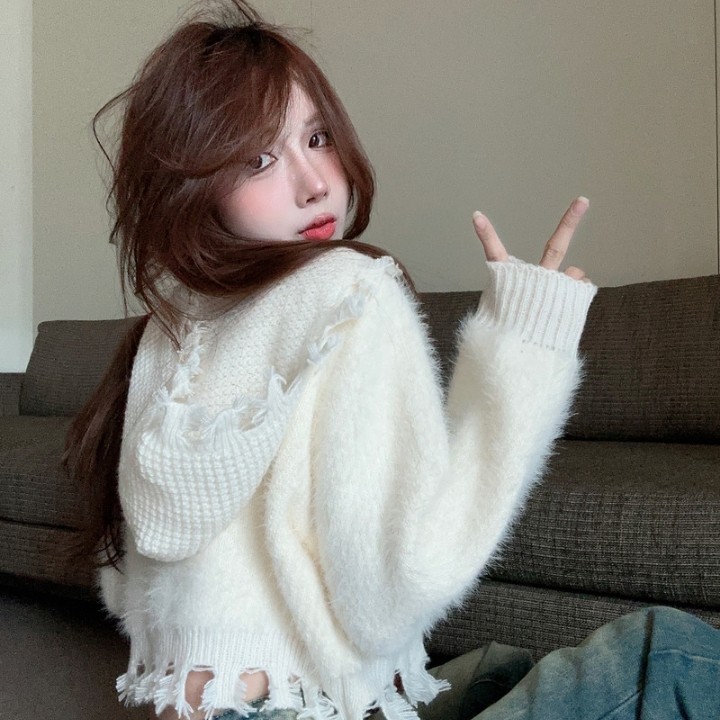 实拍实价  加厚秋冬新款连帽毛衣设计感针织衫宽松显瘦外套女上衣