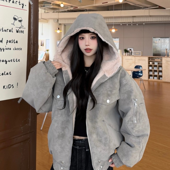 实拍美式复古座山雕连帽pu皮衣棉服冬季保暖加绒设计感夹克外套潮